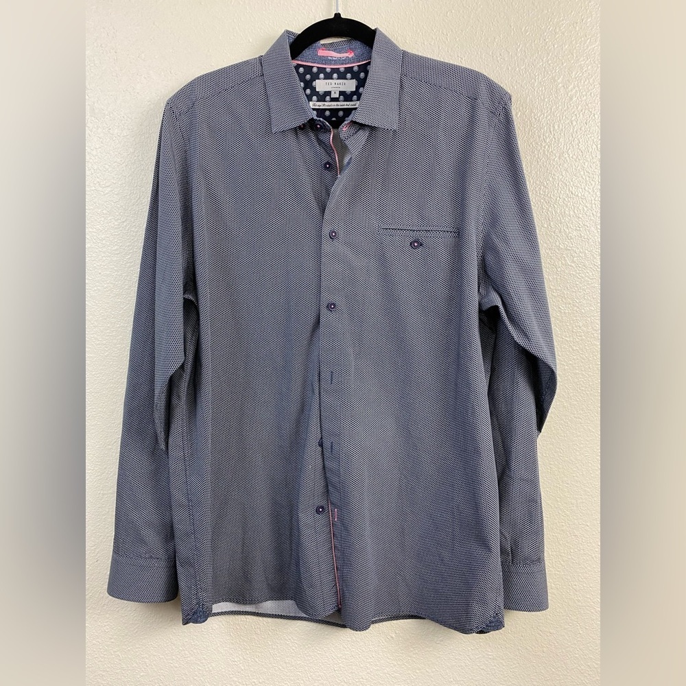 Ted Baker Button Down Blue White Micro Geometric Stretch Casual Shirt 5 Men’s XL